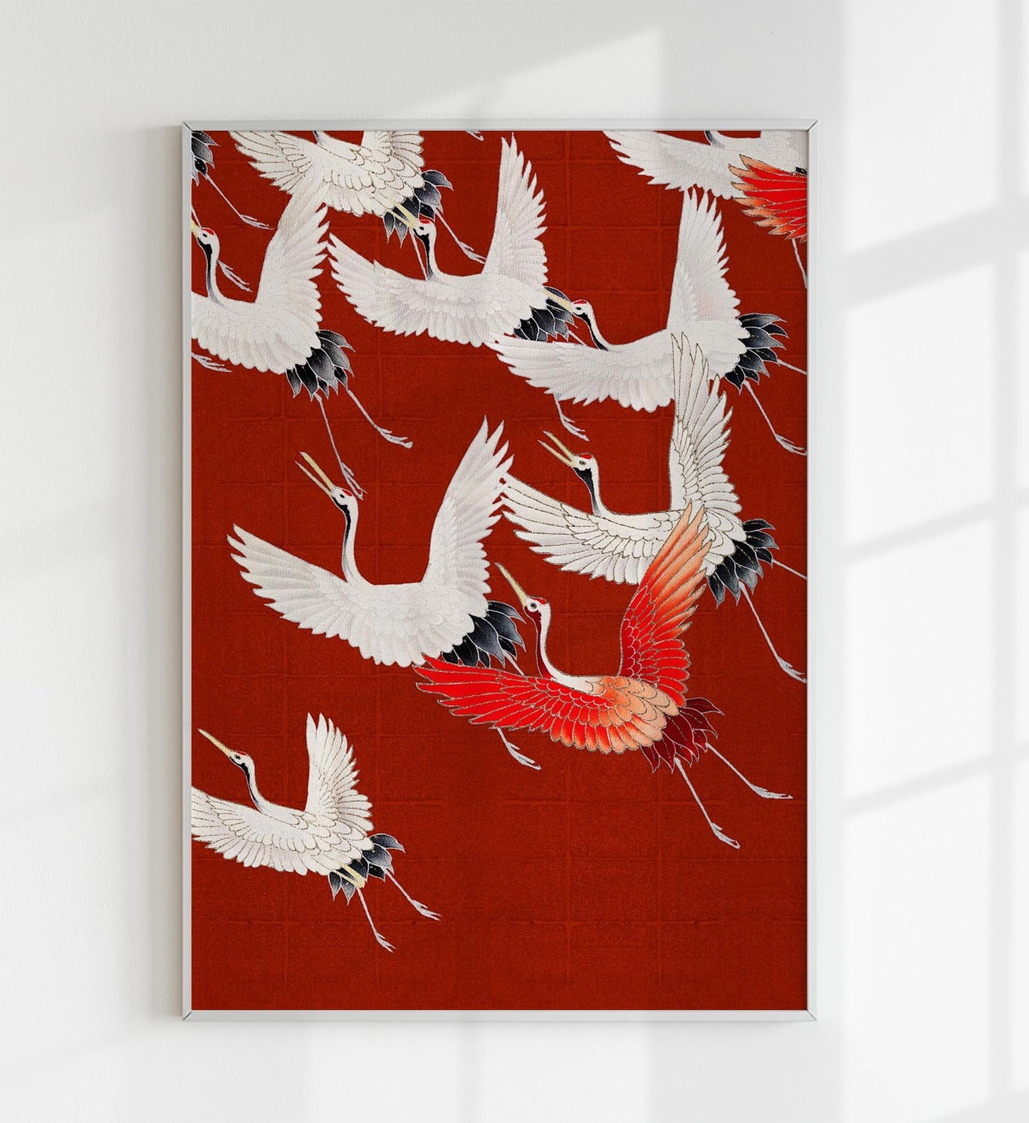 White Cranes in Red Japanese Art Poster