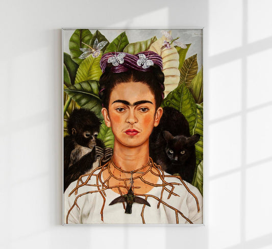 Self Portrait with Thorn Necklace and Hummingbird Art Print by Frida Kahlo