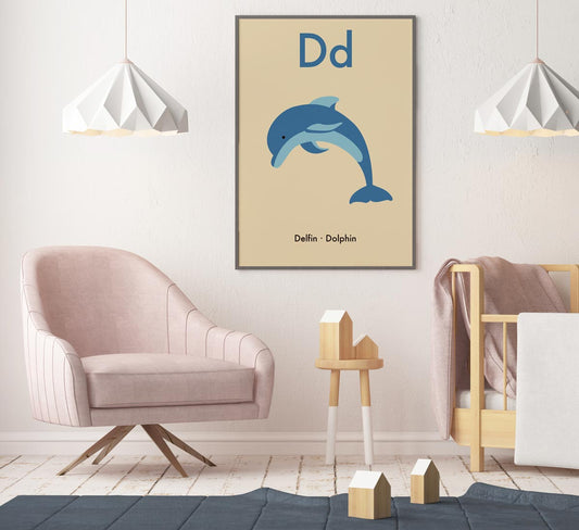 D for Dolphin - Children's Alphabet Poster in German and English