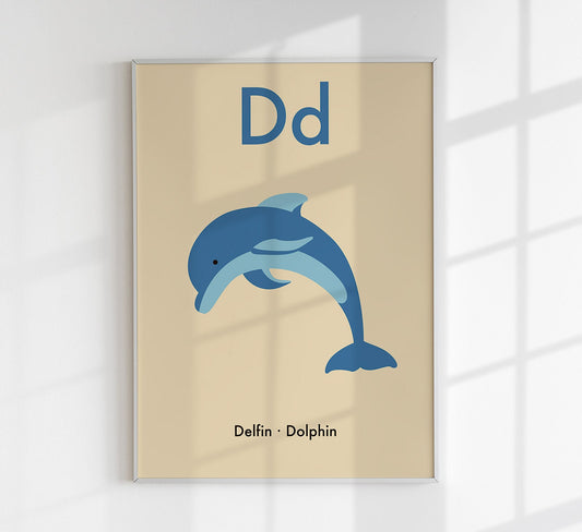 D for Dolphin - Children's Alphabet Poster in German and English