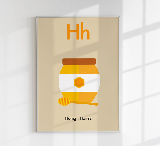 H for Honey - Children's Alphabet Poster in German and English