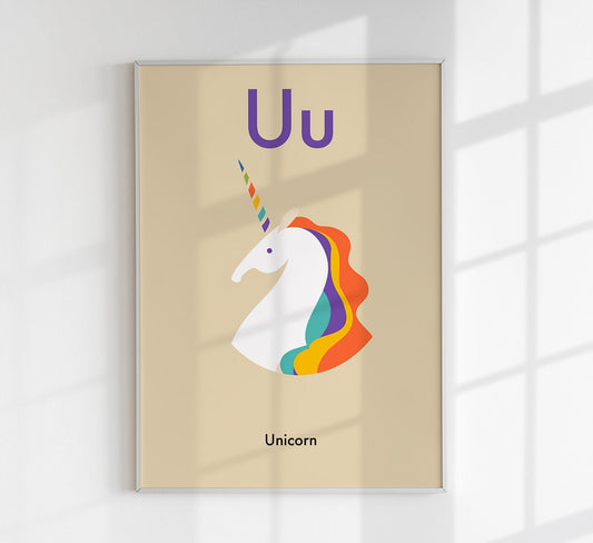 U for unicorn - Children's Alphabet Poster in German and English