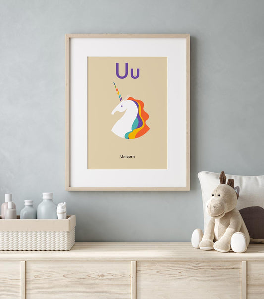 U for Unicorn - Children's Alphabet Poster in English