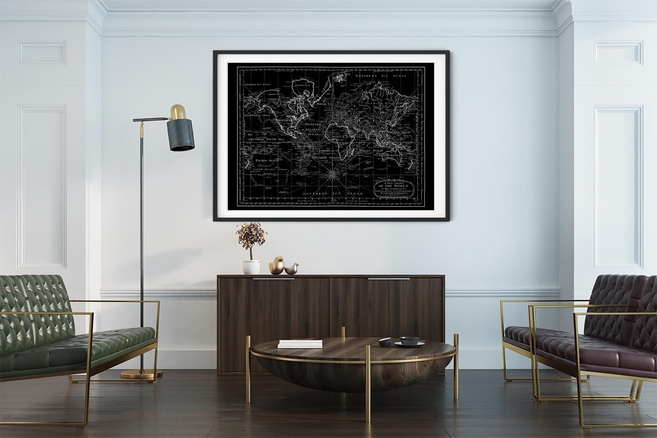 Antique World Map on Black Background