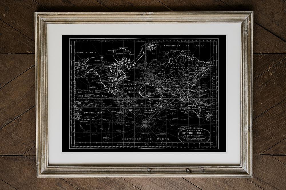 Antique World Map on Black Background