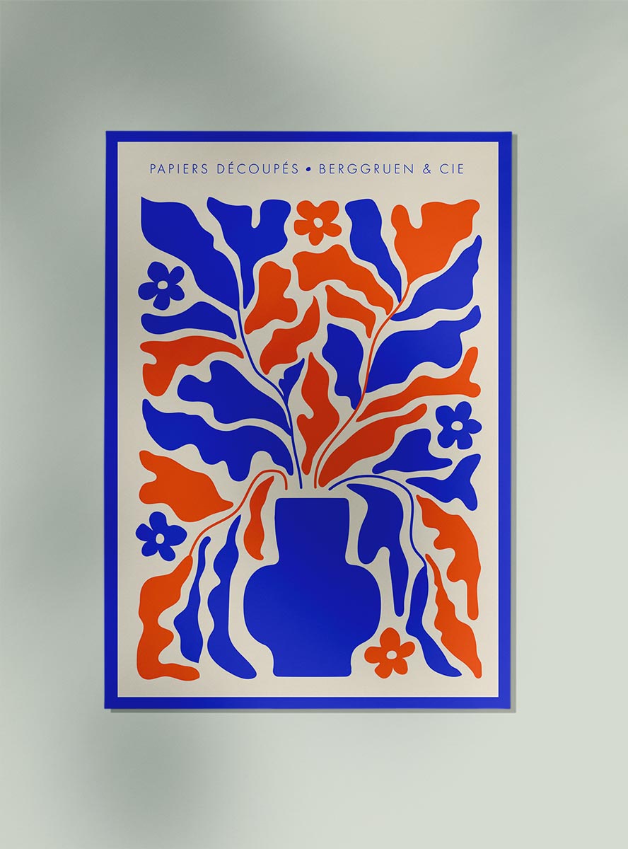 Retro Florals Blue and Orange Papiers Découpés Art Exhibition Poster