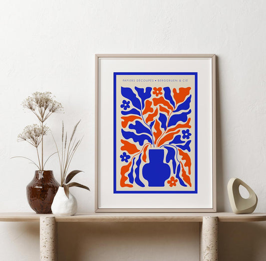 Retro Florals Blue and Orange Papiers Découpés Art Exhibition Poster