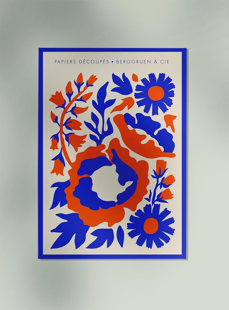 Contrast Flowers Orange Blue Papiers Découpés Art Exhibition Poster