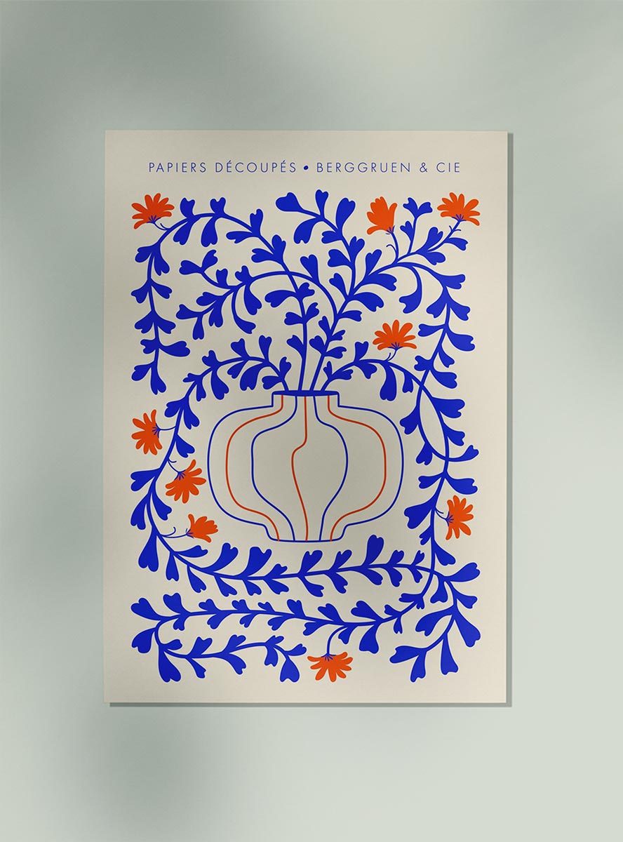 Blue Vines Orange Flowers Papiers Découpés Art Exhibition Poster