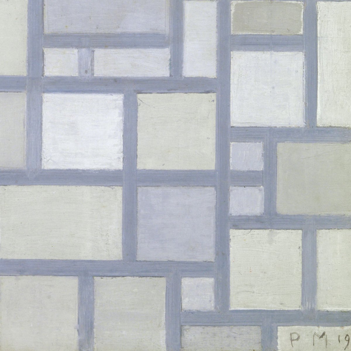 Composition in bright colours with grey lines By Piet Mondrian