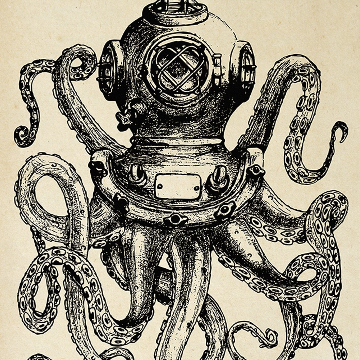 Octopus Diver Sepia Poster