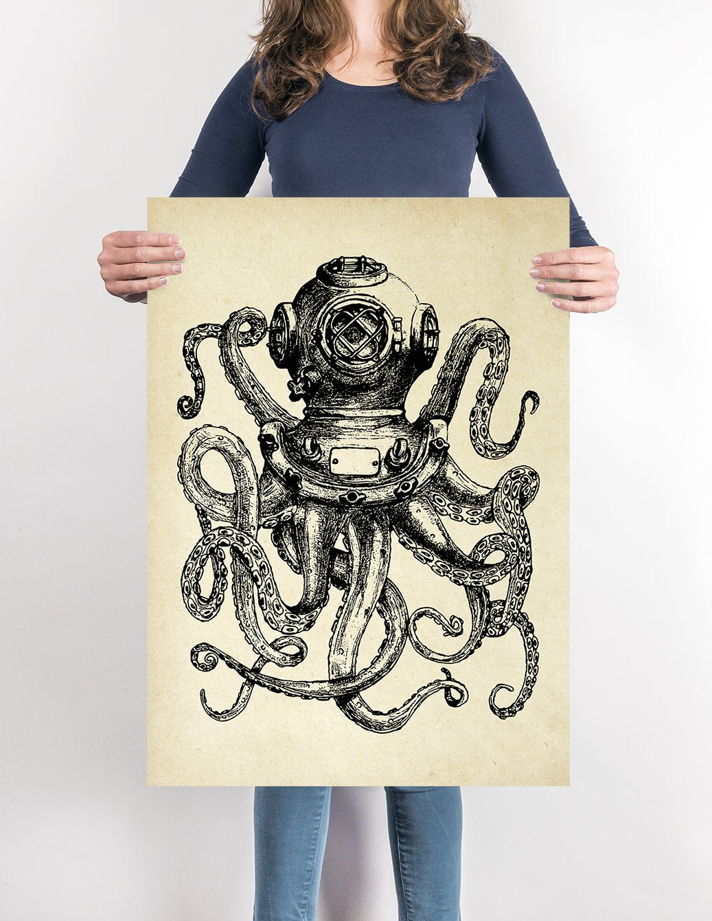 Octopus Diver Sepia Poster