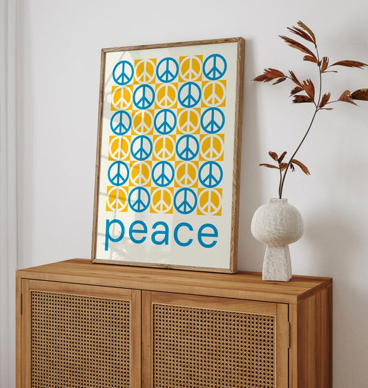 Peace Signs Yellow Blue Art Poster