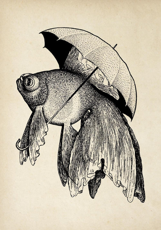 Antique Fish with Umbrella Poster