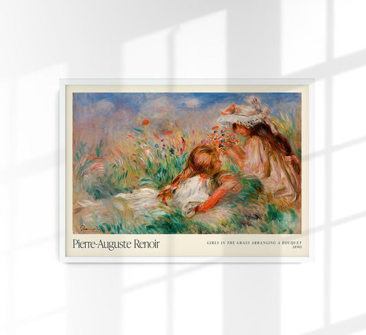 Girls in the Grass Arranging a Bouquet Art Exhibition Poster by Pierre Auguste Renoir