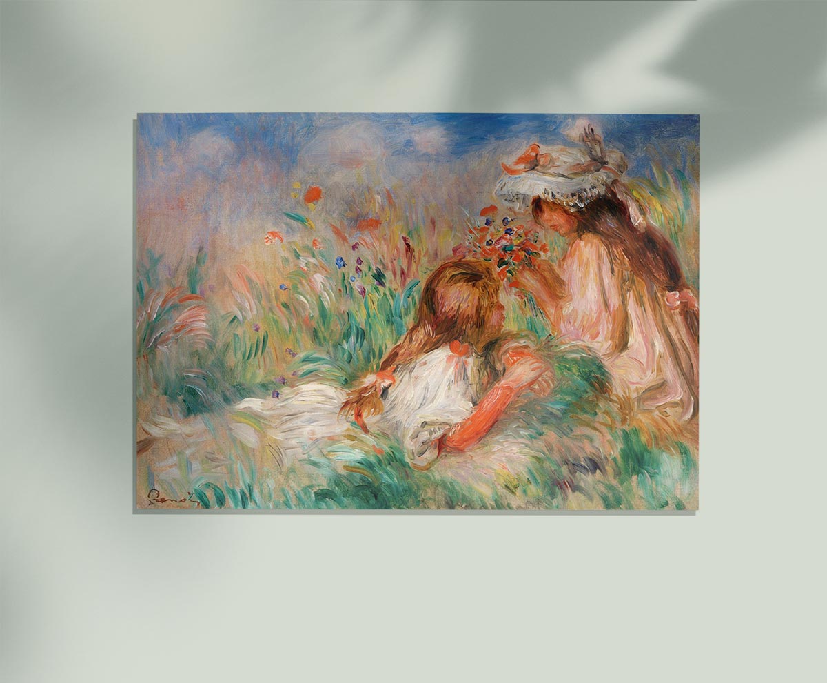 Girls in the Grass Arranging a Bouquet Painting by Pierre Auguste Renoir
