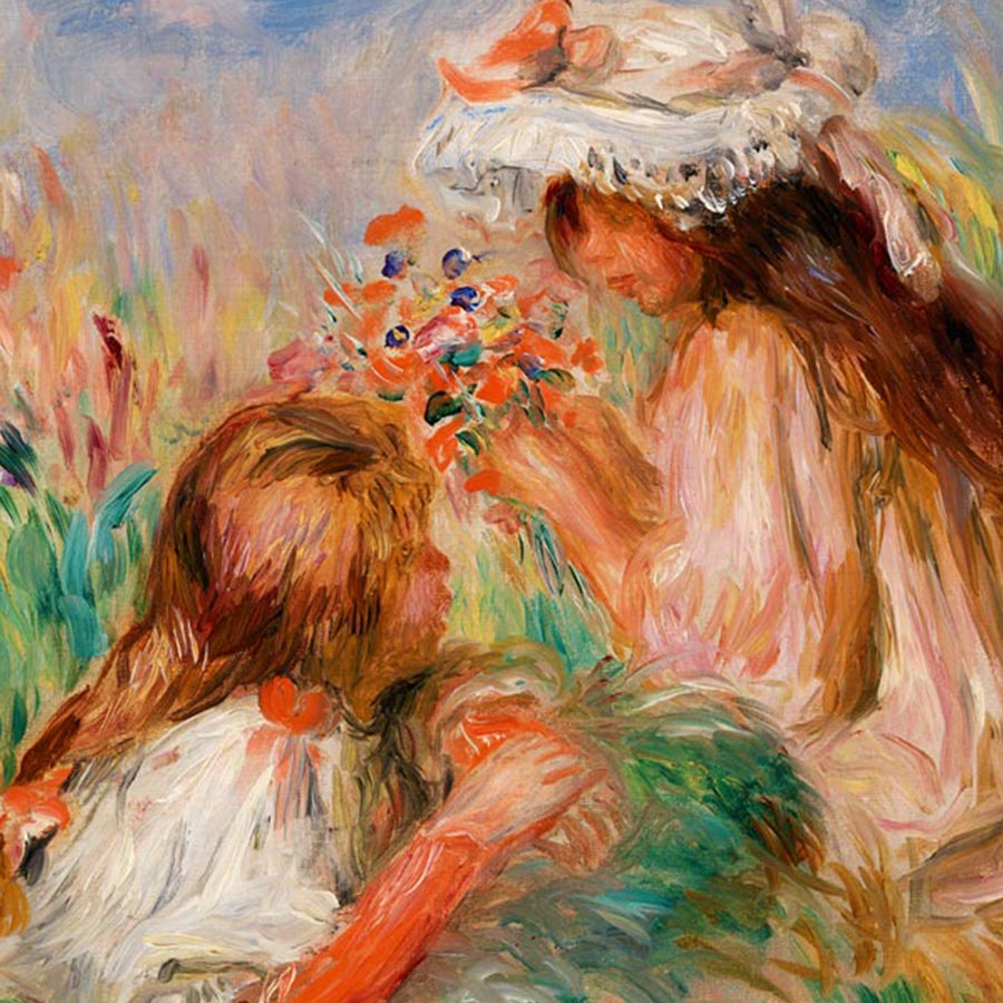 Girls in the Grass Arranging a Bouquet Painting by Pierre Auguste Renoir